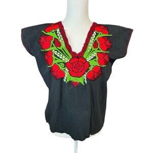 Mexican floral embroidered rose vintage red embellished blouse folk art boho